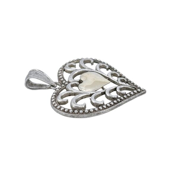 Vintage Sterling Silver 925 & 10K Gold Heart Filigree Scroll Pendant - Picture 3 of 7